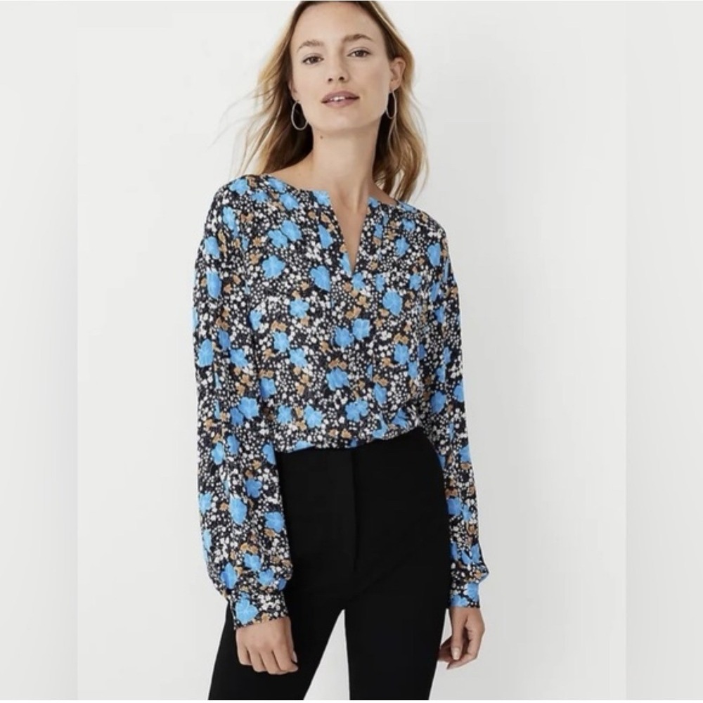 Ann Taylor Floral Seamed Split Neck Popover Blouse Sz S Night Sky